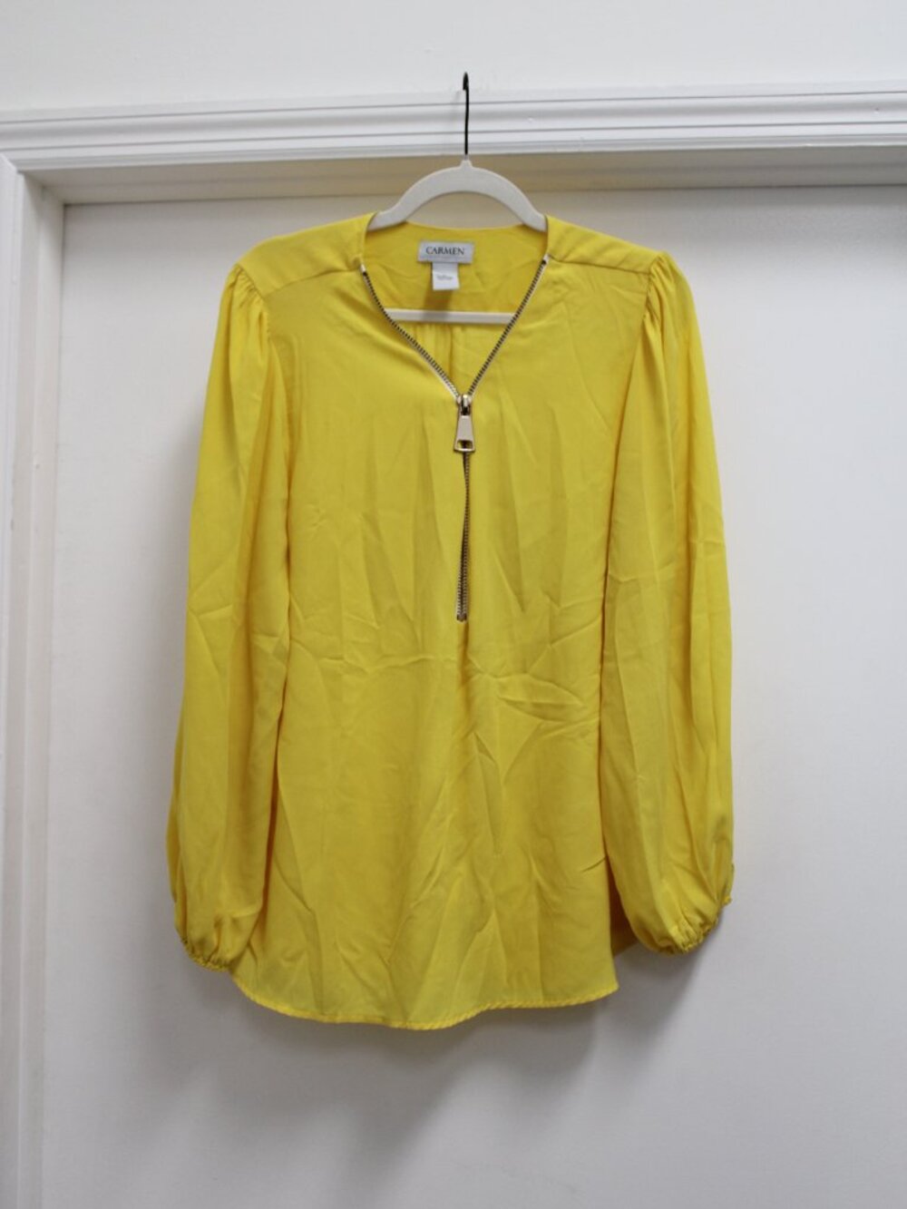 Carmen Marc Valvo Yellow Zip Front Balloon Sleeve Blouse XL